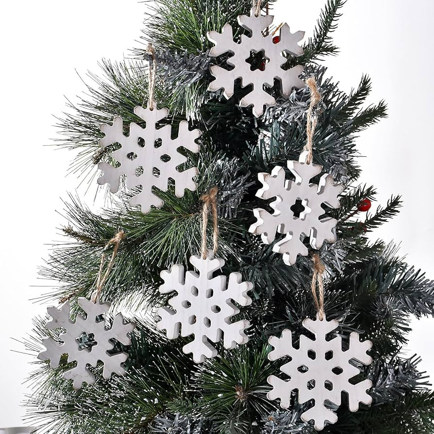 12Pcs Wooden Snowflake Ornaments for Christmas Tree, Rustic Snowflake Decorations with Jute Rope,... | Amazon (US)