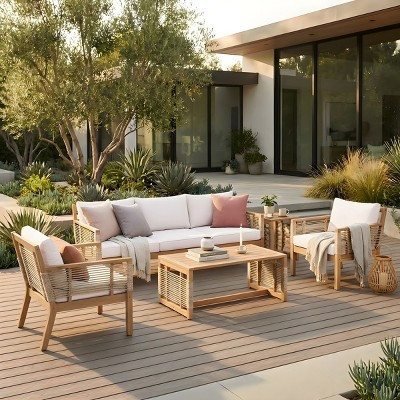 5-Piece Outdoor Patio Sofa Set, Acacia Wood Beige Conversation Set with 3-Seater Sofa, 2 Chairs & 2 Coffee Tables for Backyard, Poolside-Panipeachy | Target