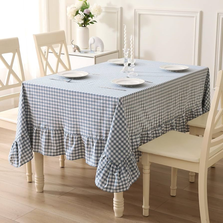 100% Cotton Dust Blue Plaid Ruffled Table Cloth for Rectangle Table Seat 4-6, Classic Farmhouse C... | Amazon (US)