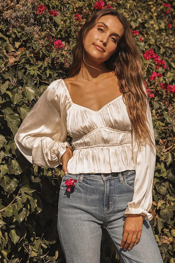 Sophisticate Cream Satin Ruched Long Sleeve Top | Lulus