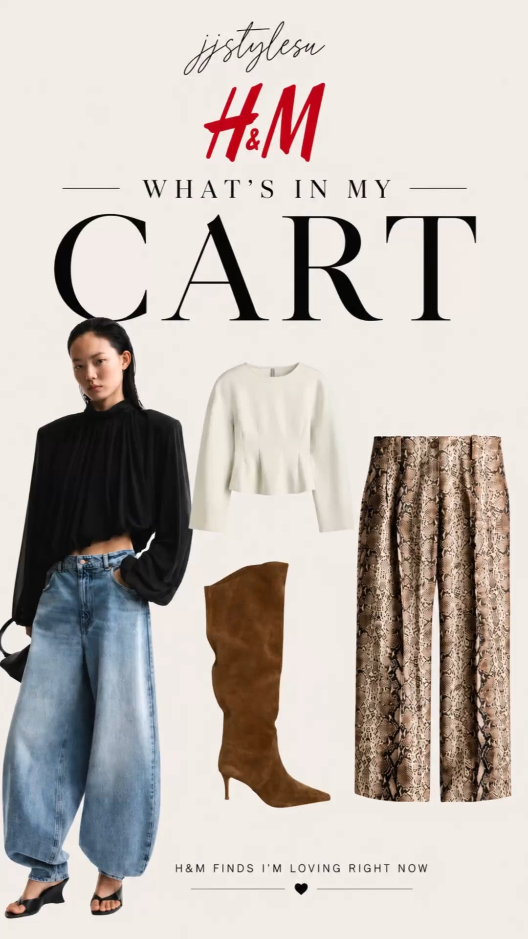 What’s in my H&M cart right now… 🤍

These are the pieces I keep coming back to—elevated basics, statement textures, and timeless silhouettes that will transition effortlessly into fall.

I’m especially loving:
• The sculpted cream top
• Snake-print trousers
• Slouchy suede boots
• Bubble Hemmed Top  

Which piece would you add to your cart first? 👇

#HM #HMStyle #HMNewArrivals #FallStyle #FallFashion #CapsuleWardrobe #ElevatedBasics #QuietLuxuryStyle #MinimalStyle #StyleInspo #LTKStyle #LTKFashion #FashionFinds #WardrobeEssentials #jjstylesu