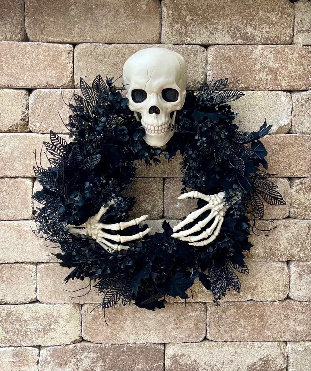 Skeleton Halloween Wreath for Front Door, Skull Wreath Swag, Spooky Black Outdoor Decor, Scary Br... | Etsy (US)