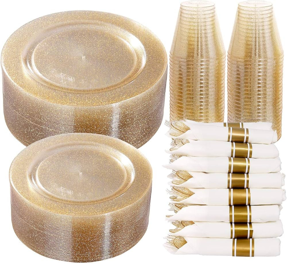 DaYammi 350 Pieces Gold Glitter Dinnerware Set 50 Guest for party- 50 Dinner Plates, 50 Dessert P... | Amazon (US)