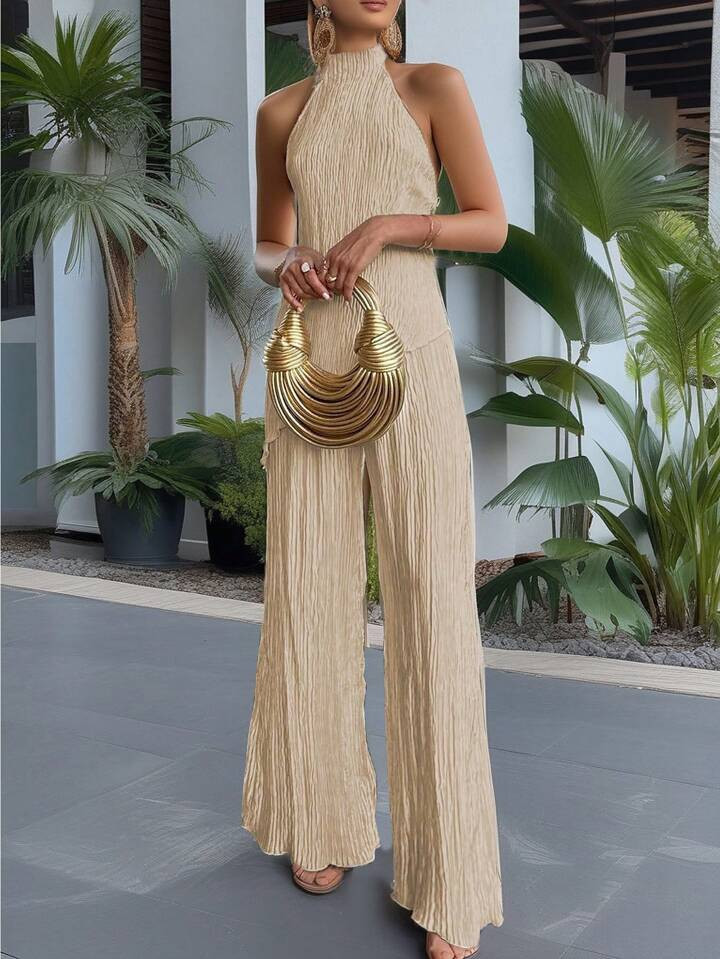 SHEIN Privé Women Summer Solid Color Asymmetric Hem Halter Top And Wide Leg Pants Fashionable An... | SHEIN