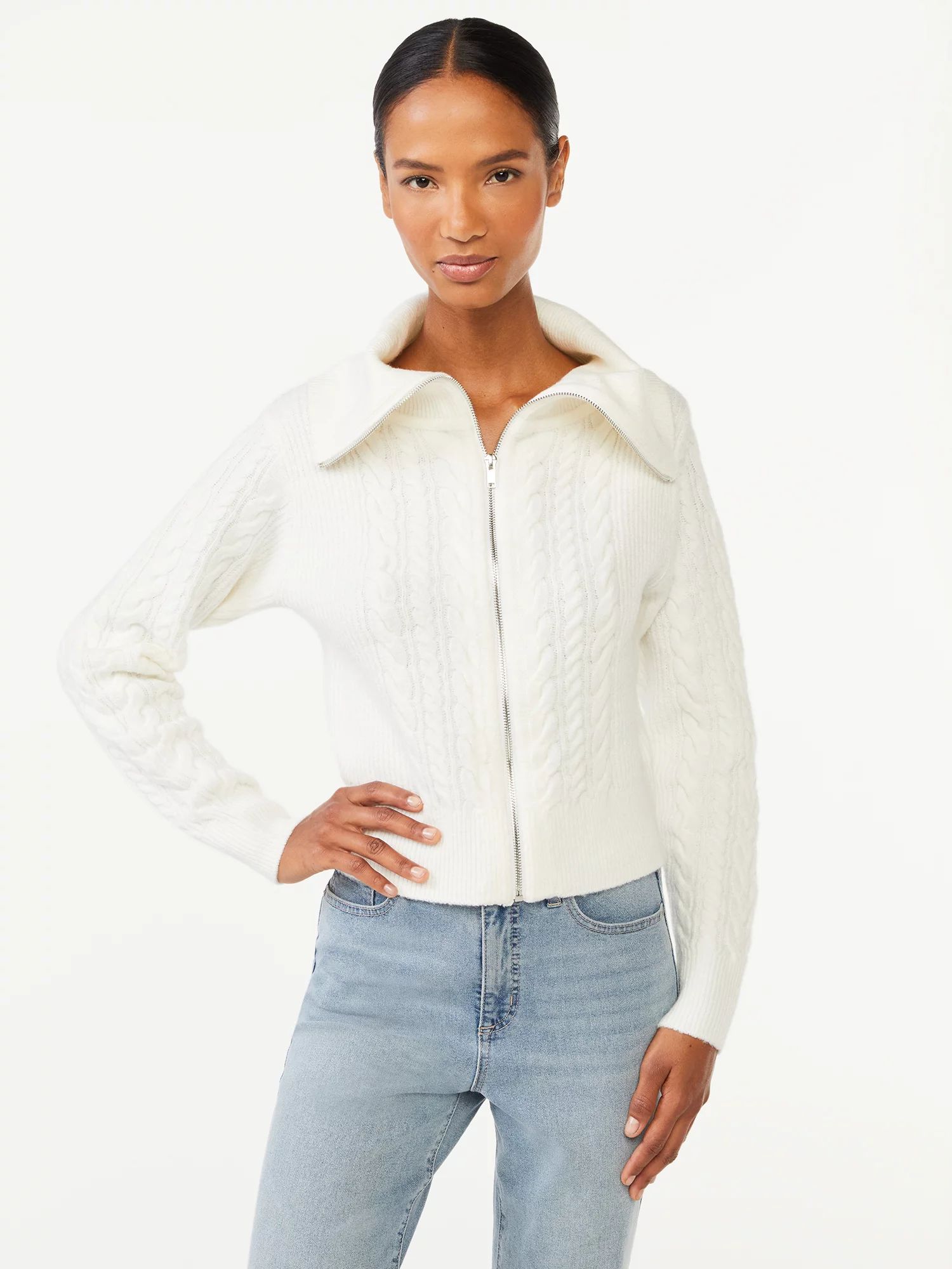 Scoop Women's Zip Front Cable Knit Sweater | Walmart (US)