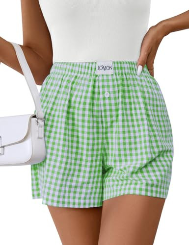 LOMON Womens Boxer Shorts Casual Summer 2026 Pajama Lounge Sleep Pj Gingham Plaid Shorts Y2K Beach Bottoms (Grass-Green Plaid XS) | Amazon (US)