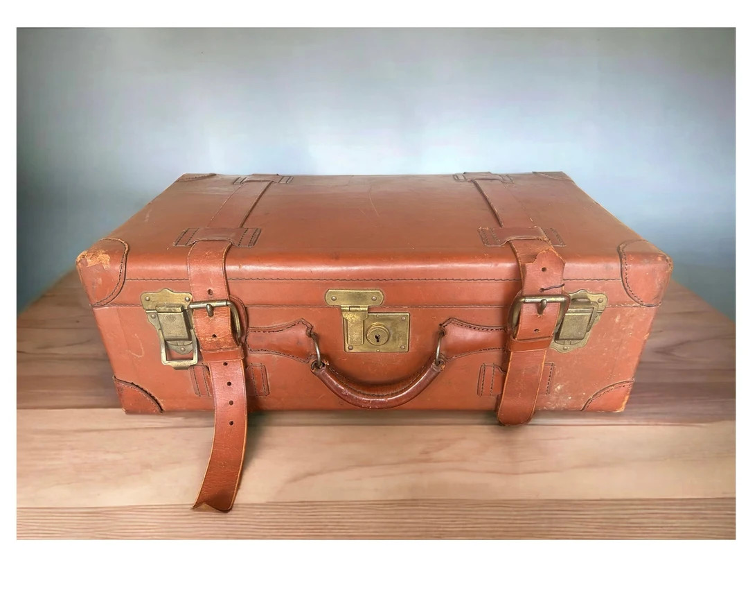 Vintage Leather Corbin Suitcase, Brown Leather Suitcase With Belted Straps, Leather Suitcase With... | Etsy (US)