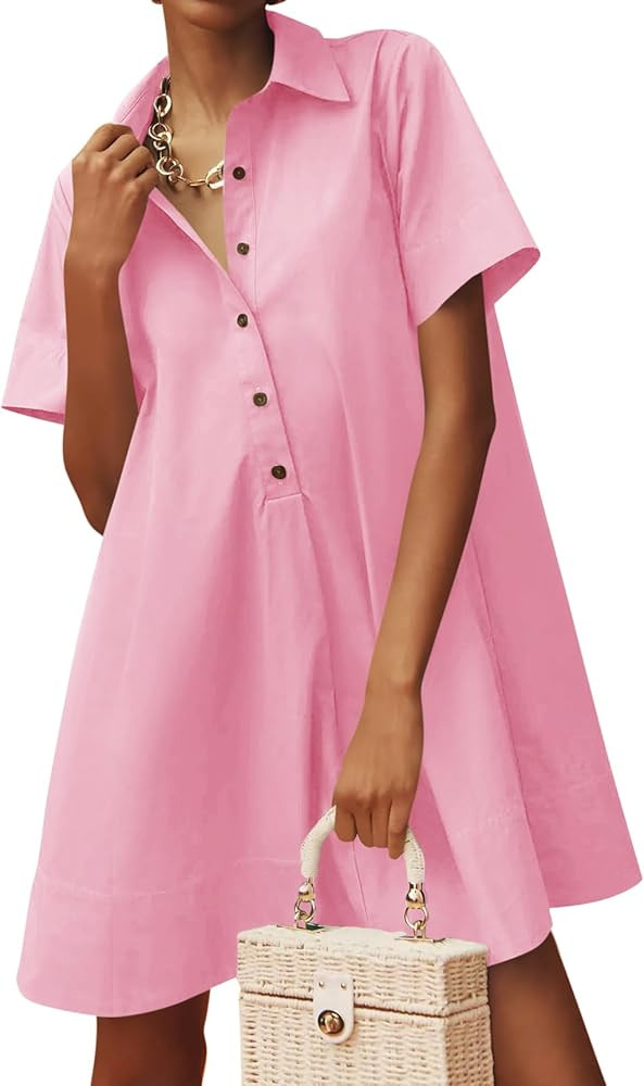 Wenrine Womens Oversized Shirt Button Mini Dress Short Sleeve Casual Collared V Neck Summer Flowy... | Amazon (US)