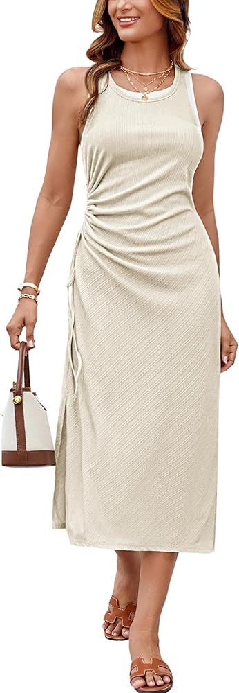 GRACE KARIN Women's Summer Casual Midi Bodycon Dress 2025 Crew Neck Drawsting Side Slit Beach Vac... | Amazon (US)