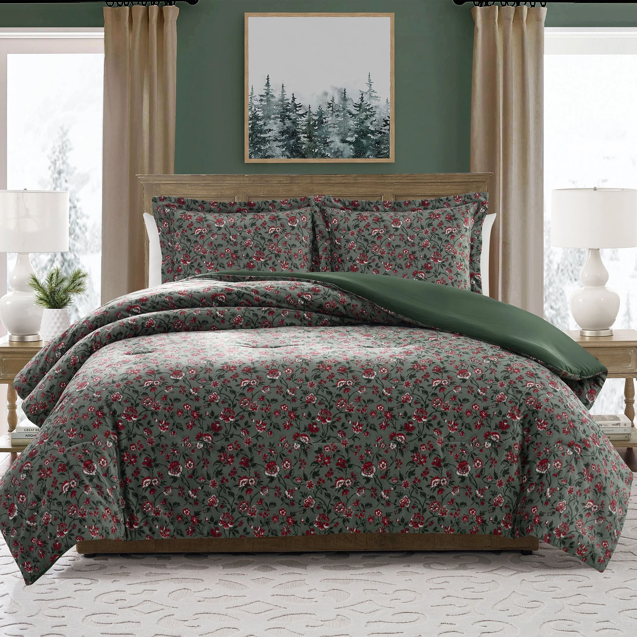 My Texas House Stacy 3-Piece Green Floral Printed Velvet Comforter Set, Full/Queen | Walmart (US)