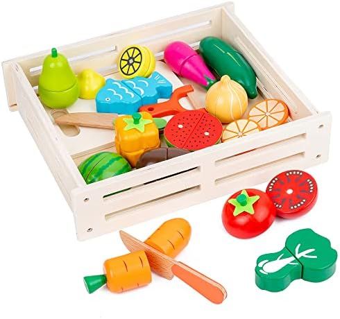 17 Pcs Fruit Toys for 3 Year Old Toddlers Pretend Play Set for Kids Play Kitchen Cut Wooden Food ... | Amazon (US)