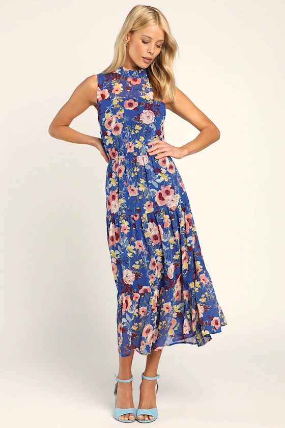 In My Dreams Blue Floral Print Midi Dress | Lulus