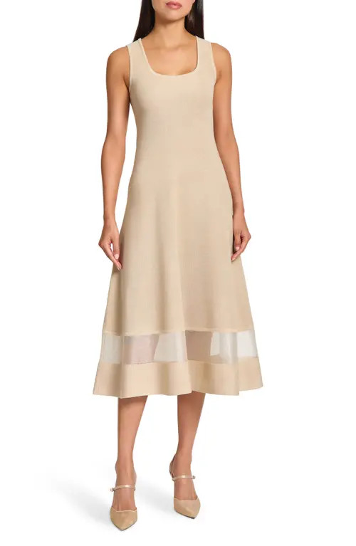 Misook Modern Fit & Flare Sheer Hem Midi Dress in Biscotti at Nordstrom, Size X-Large | Nordstrom