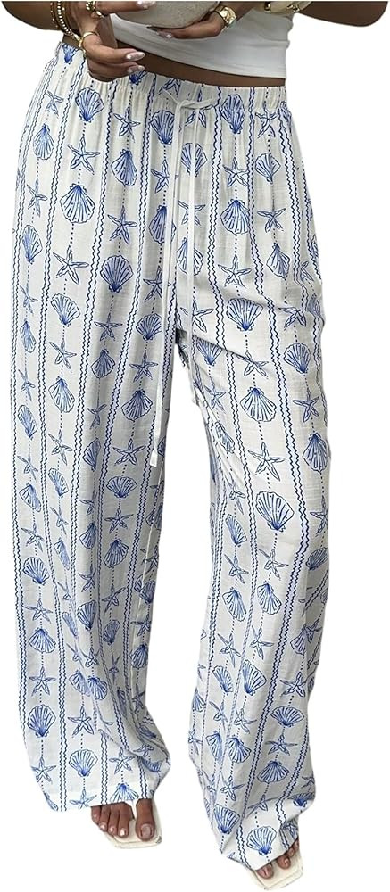 MakeMeChic Women's Starfish Seashell Print Pants Straight Leg Summer Boho Trousers | Amazon (US)