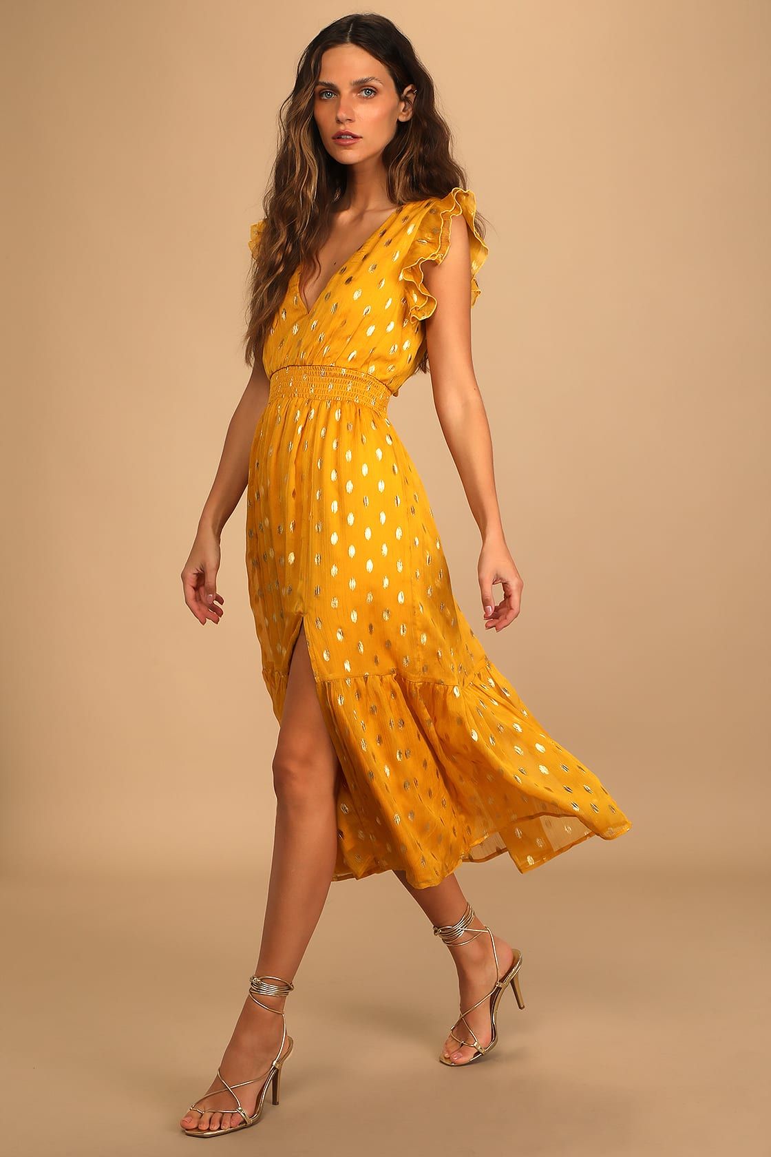 Cause to Celebrate Yellow and Gold Dot Ruffled Tiered Midi Dress | Lulus (US)