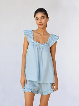 Womens Summer 2 Piece Set Fashion Ruffle Trim Cami and Casual Shorts Set Cotton Pajama Sets | Amazon (US)
