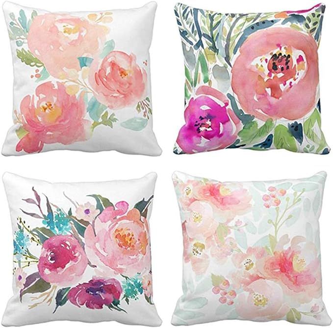 Emvency Set of 4 Throw Pillow Covers Peonies Summer Watercolor Floral Pink Flower Girly Pastel Mi... | Amazon (US)