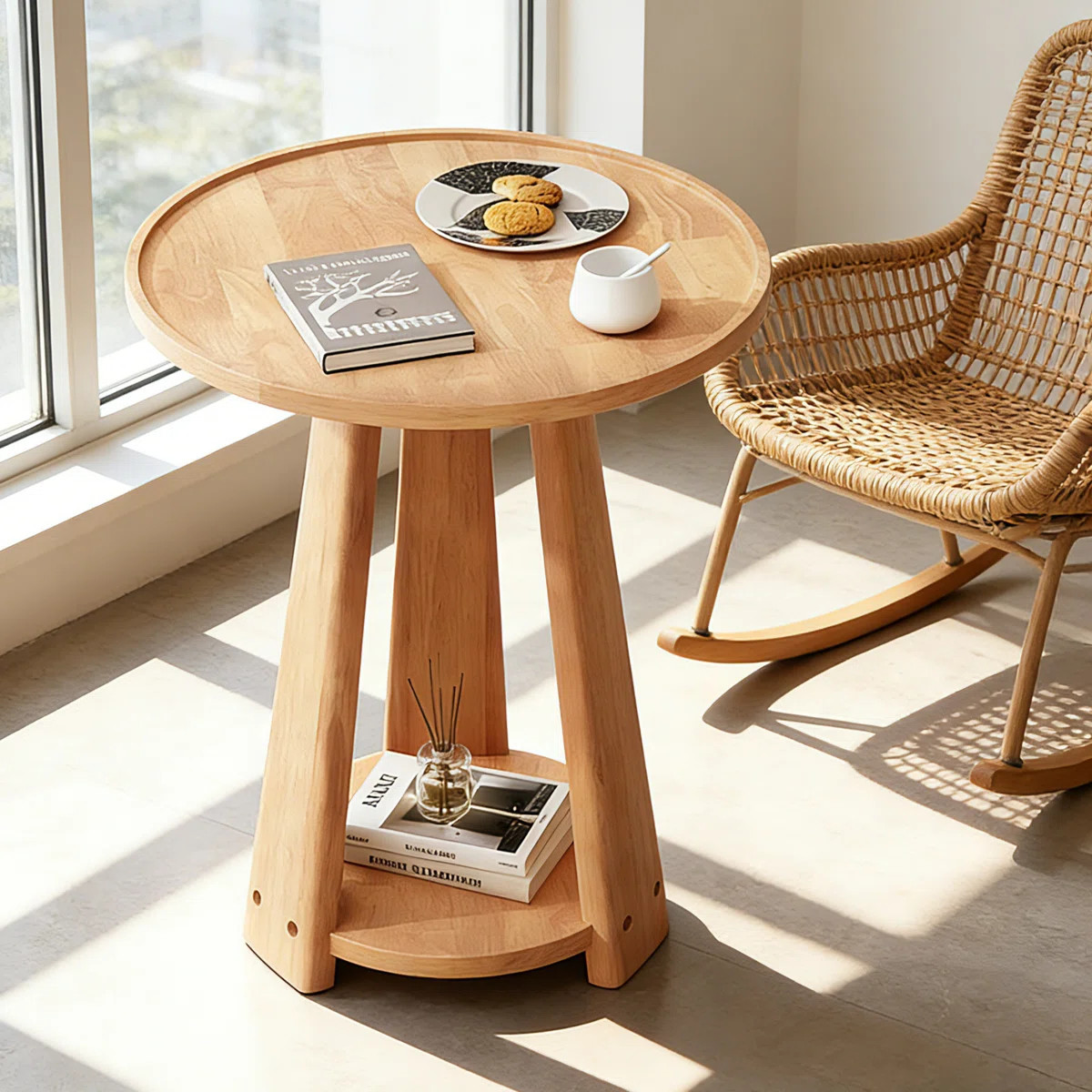 Round Side Table with 2 Tier Shelf Solid Wood End Tables with Lower Shelf | Wayfair North America