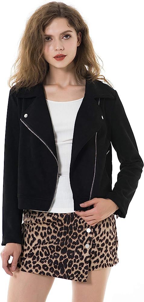 Apperloth Faux Suede Jackets for Women Long Sleeve Zipper Short Moto Biker Coat | Amazon (US)