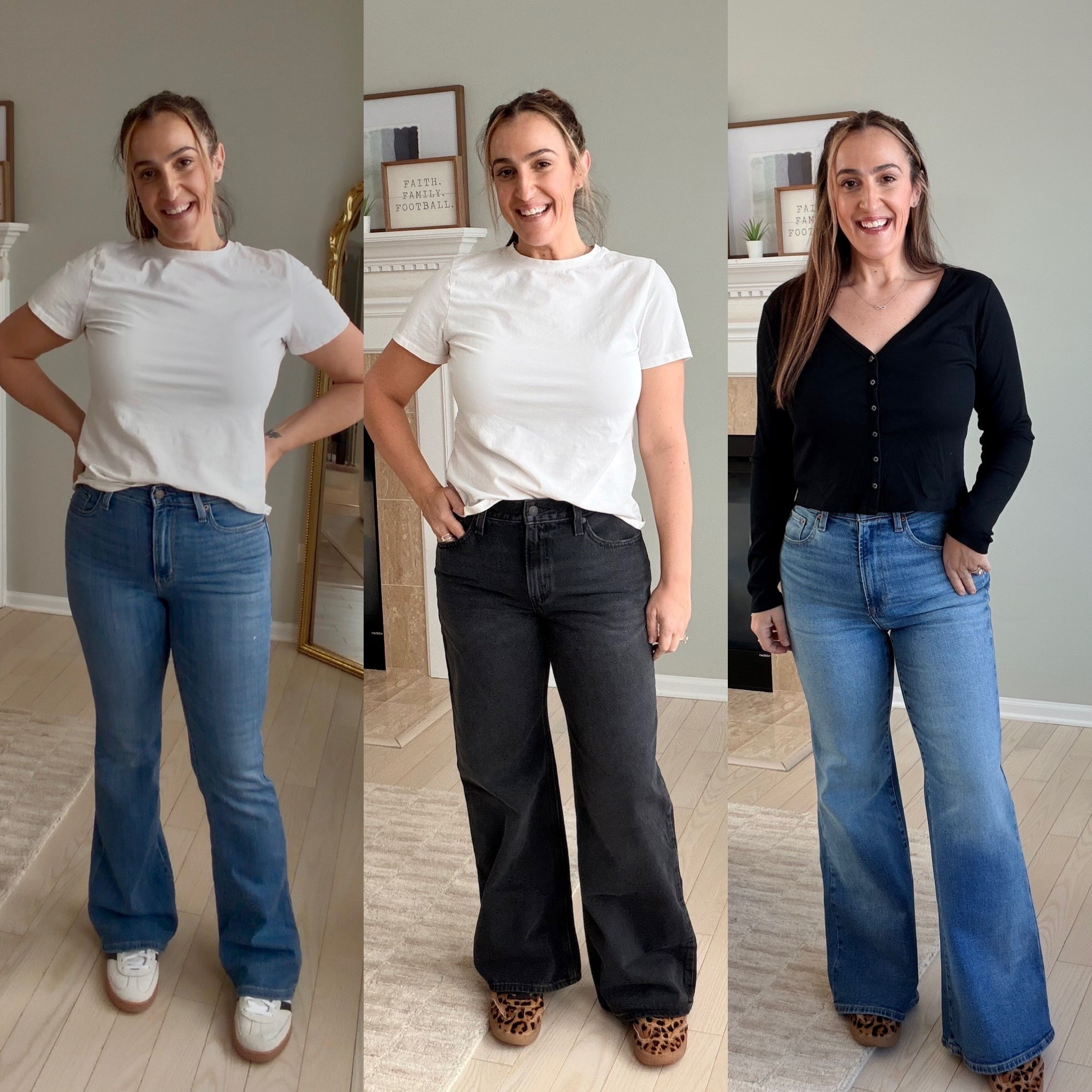 Jeans that work with our bellies and not against them. 

Left has stretch! Go down if in between. I’m an 29.
Middle has zero stretch. Go up if in between. I’m in a 29
Right has minimal stretch. Go up if in between. I’m in an 8. 

#LTKOver40 #LTKmomlife #LTKootd