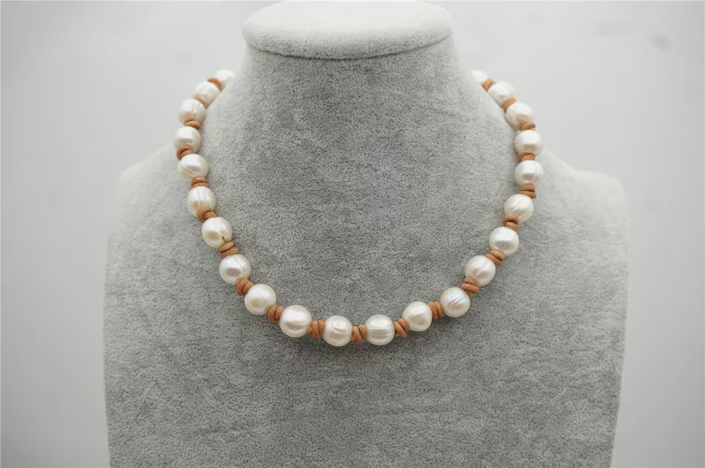 Big Potato Pearl and leather necklace,Genuine Freshwater Pearl Necklace,white pearl necklace,whol... | Etsy (US)