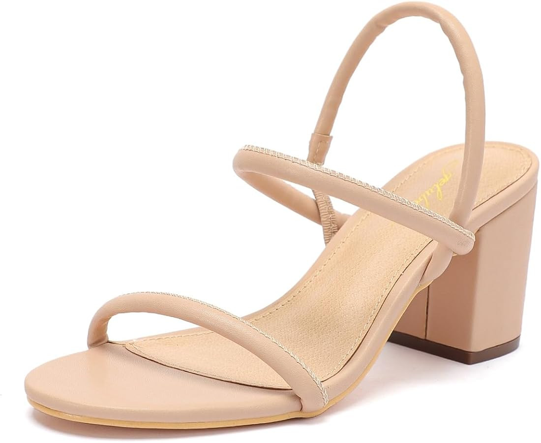 geluboao Heels for Women Classic Open Round Toe Three Straps Slip On Block Low Heel Sandals Strap... | Amazon (US)