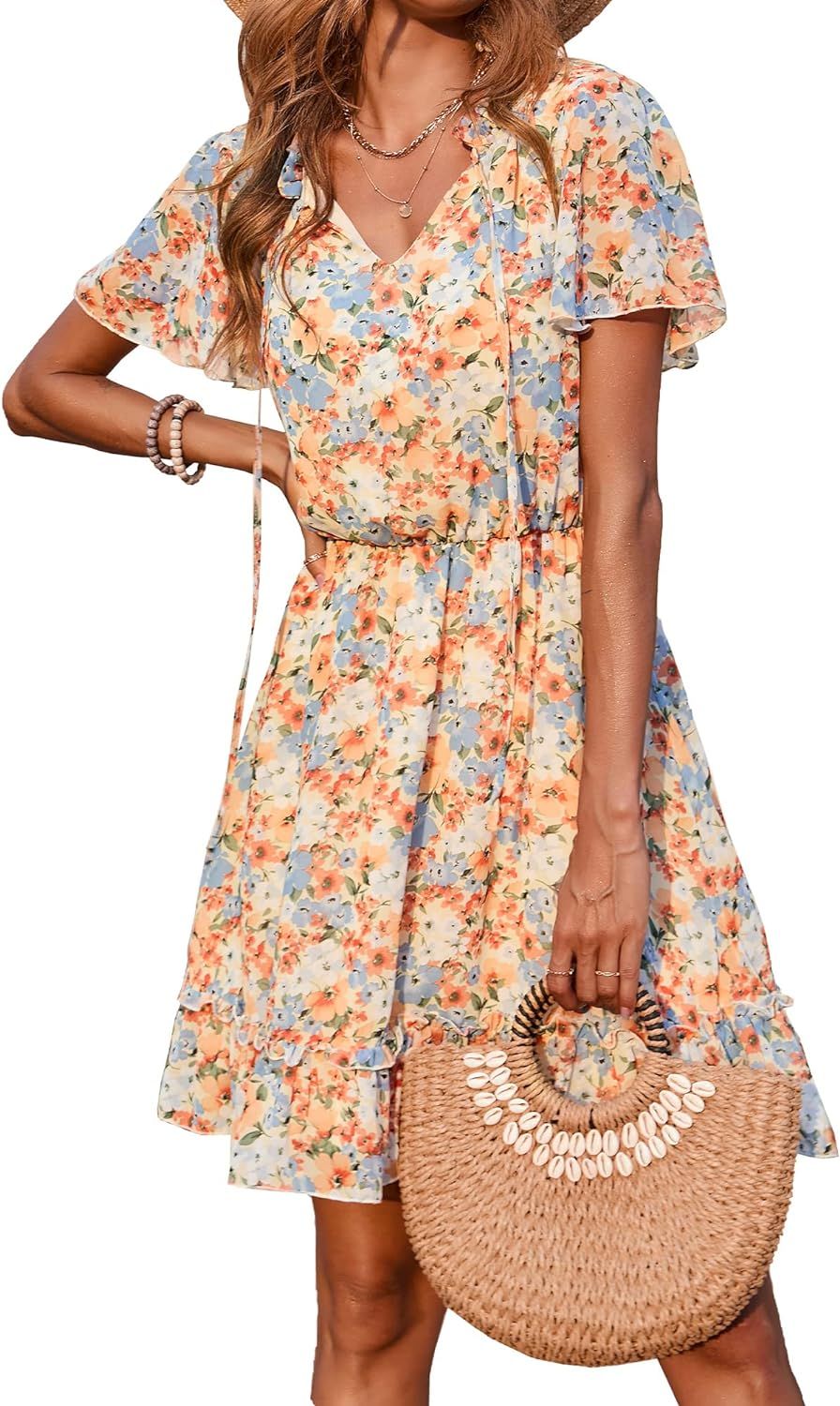 XIONGMEI Women Summer Dresses Tie Neck Short Sleeve Boho Floral Print Ruffle High Waist Mini Dres... | Amazon (US)
