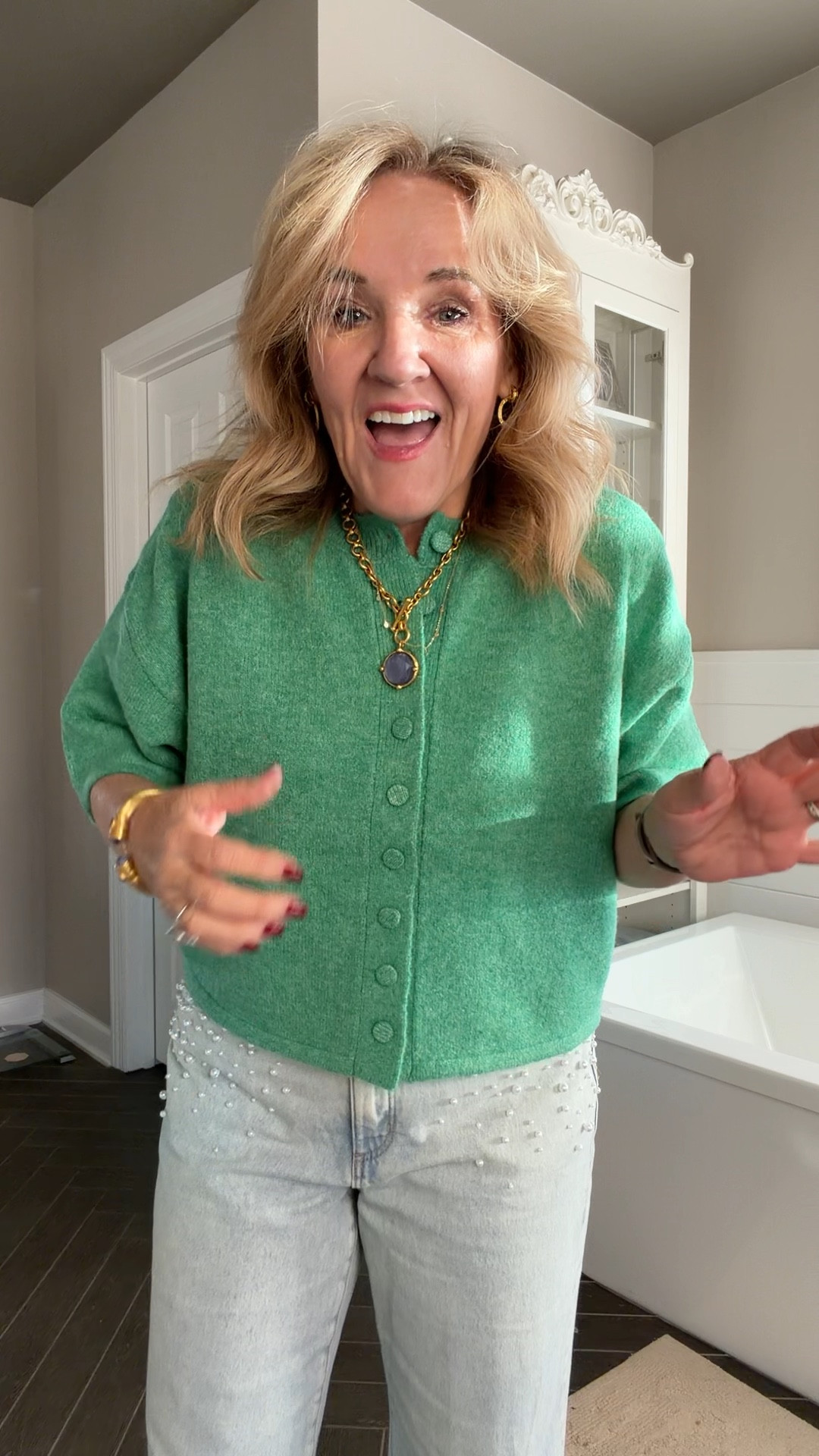 The cutest sweater. Wearing the m/l 
Jeans size 29 petite 
Holiday casual outfit 

#LTKOver40 #LTKootd #LTKFindsUnder100