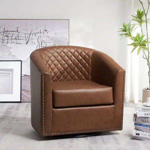 KINWELL 29" Wide Tufted PU Leather Swivel Barrel Chair - Bed Bath & Beyond - 40899171 | Bed Bath & Beyond