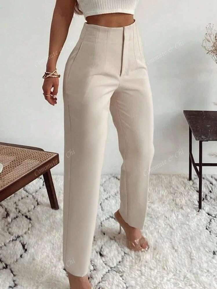 Elegant Office Lady Pleated Side Pocket Slim-Fit Pants For Women | SHEIN