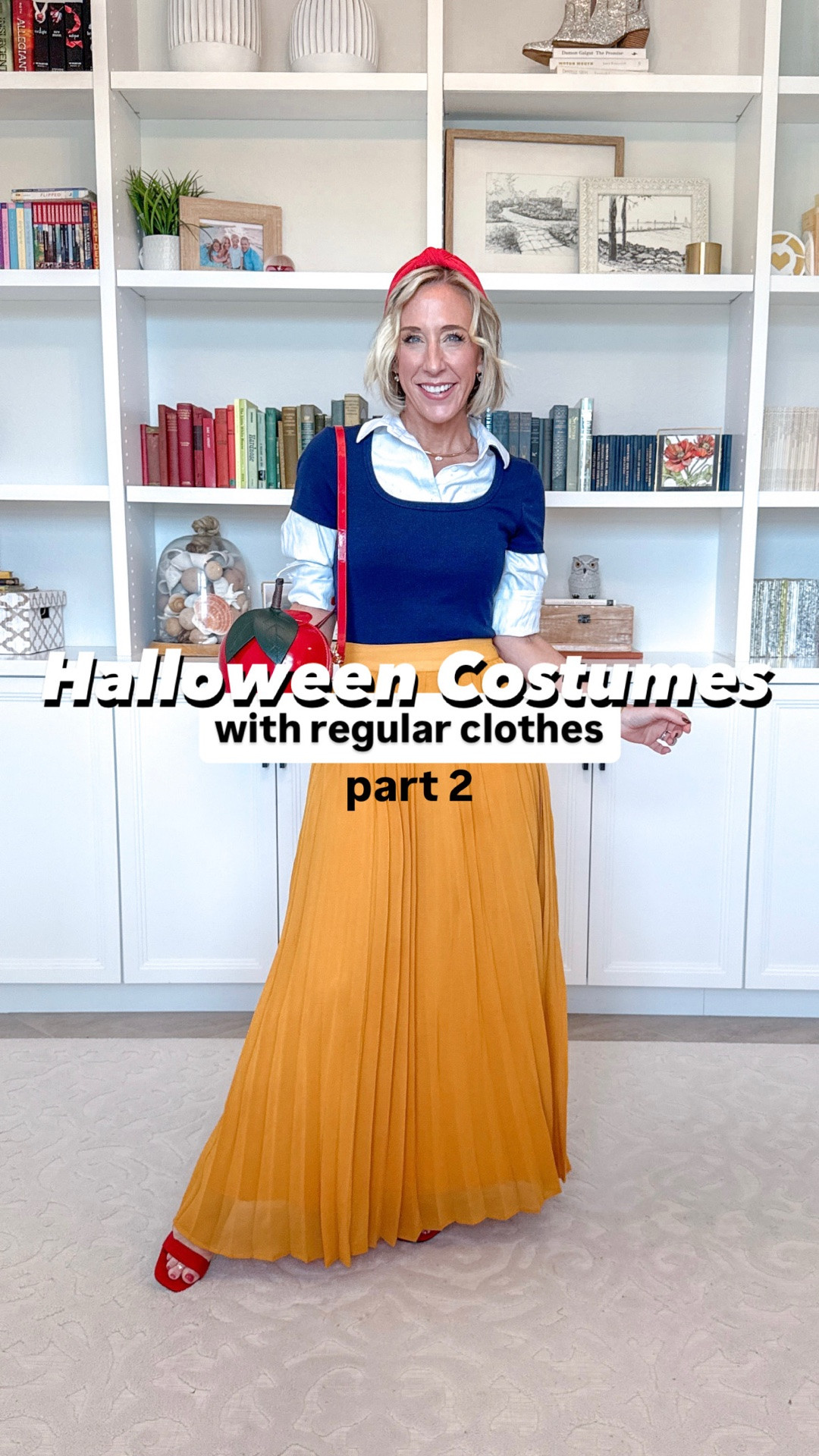 Halloween Costumes w/ real clothes - part 1:
* Jack-o-lantern T-Shirt - size XS.
* Wide Leg Jeans - size 25.
1. Minnie Mouse: black long sleeve shirt - size medium // red pleated skirt - size small // linked similar shoes.
2. Snow White: white button down shirt - size small // navy scoop neck t-shirt - size small // yellow pleated skirt - size XS // red heels - tts.
3. Little Mermaid: purple v-neck shirt - size small // green pleated skirt - size small.
4. Ariel: denim corset tank - size small // white long sleeve shirt - size small // blue pleated skirt - size small.
5. Anna: black cowl neck ruched top - size medium (needed a small) // green pleated skirt - size small.
6. Cruella De Vil: black ribbed midi dress - size small // red heels - tts.

#LTKSeasonal #LTKOver40