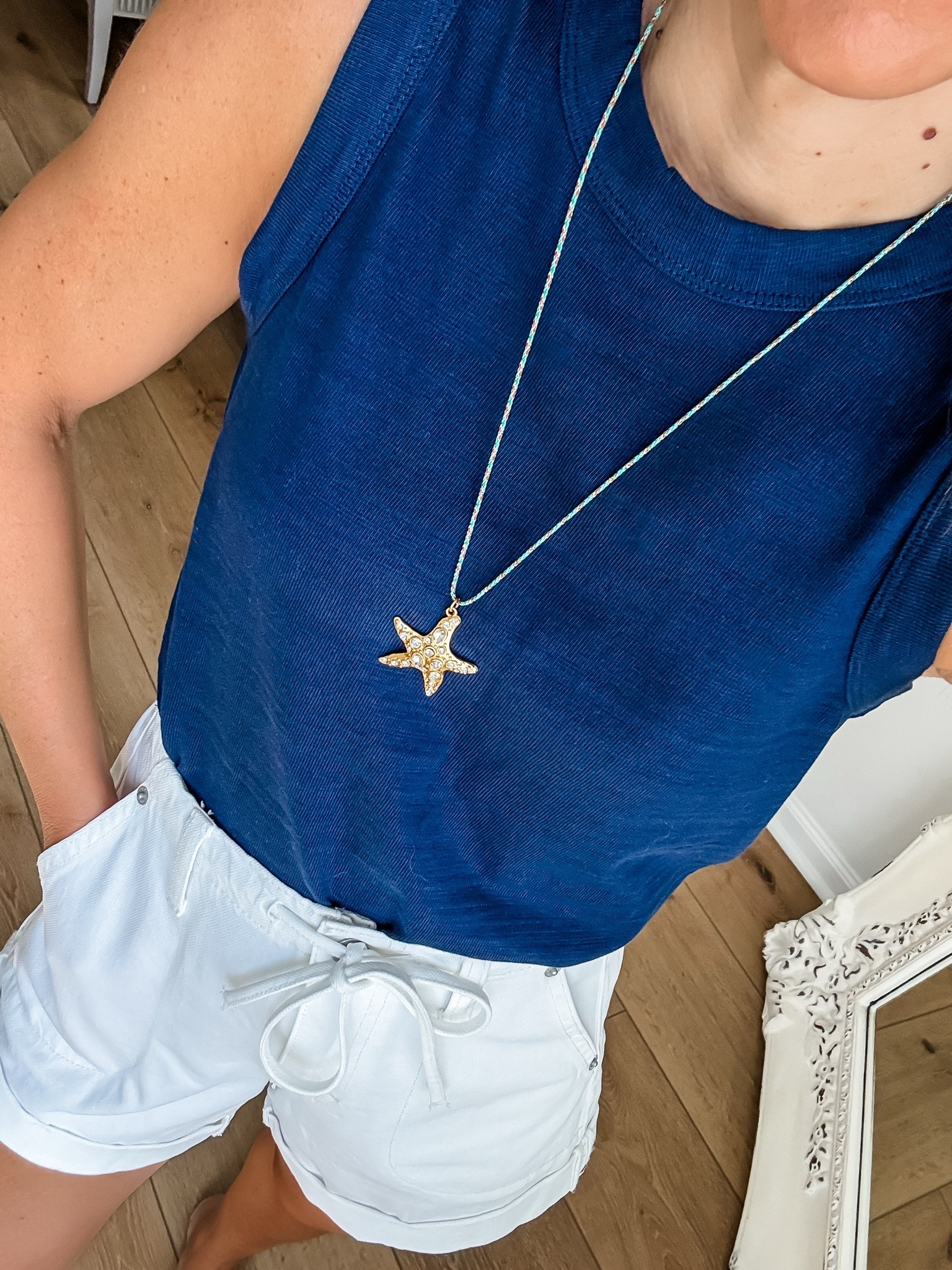 Jewelry code Tammy20. Starfish necklace. Navy blue tank XS petite. Shorts 2.

#LTKSaleAlert #LTKOver40
