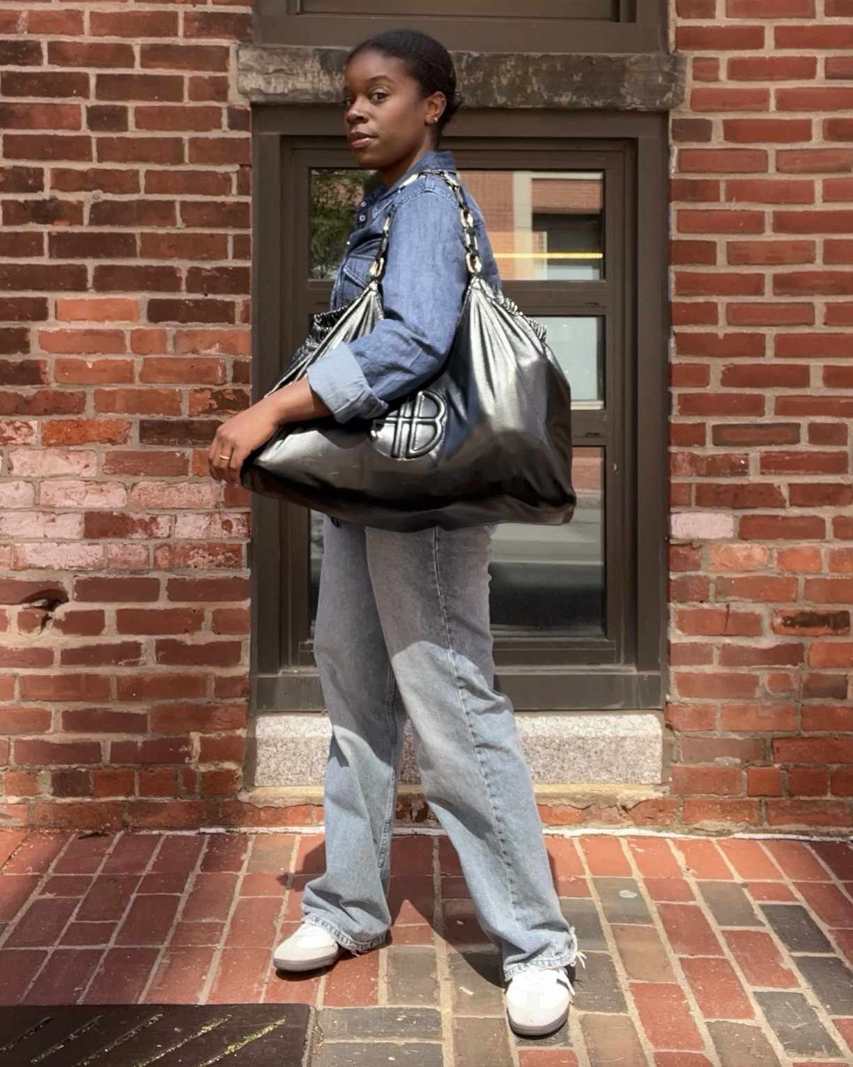 Easy denim on denim look with dark wash denim snap button shirt and light wash straight leg jeans, styled with Adidas Samba sneakers and oversized Anine Bing Kate Tote 

#LTKStyleTip #LTKItBag #LTKShoeCrush