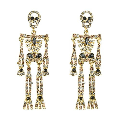 Halloween Skeleton Skull Earrings for Women, Bling Rhinestone Crystal Gothic Skull Dangle Earrings Halloween Theme Jewelry Gift Charm (Skeleton Gold) | Amazon (US)