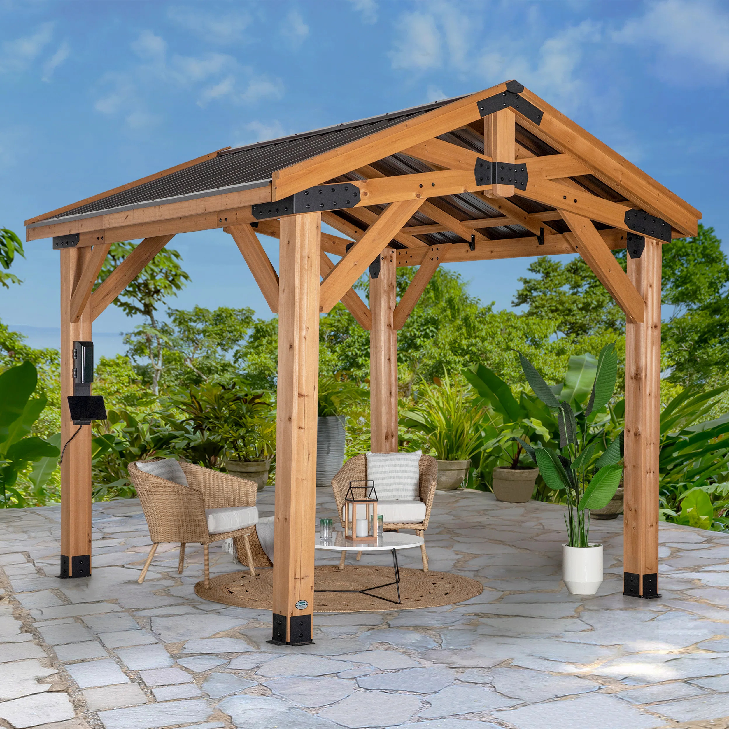 Backyard Discovery Norwood 10' x 10' Cedar Wood Outdoor Patio Gazebo with Hardtop Galvanized Steel Peak Roof and PowerPort | Wayfair North America