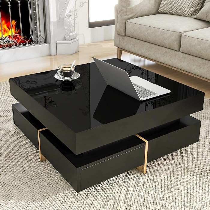 Modern Coffee Table with Storage, Contemporary Square Coffee Table with Drawers, High Gloss Moder... | Amazon (US)