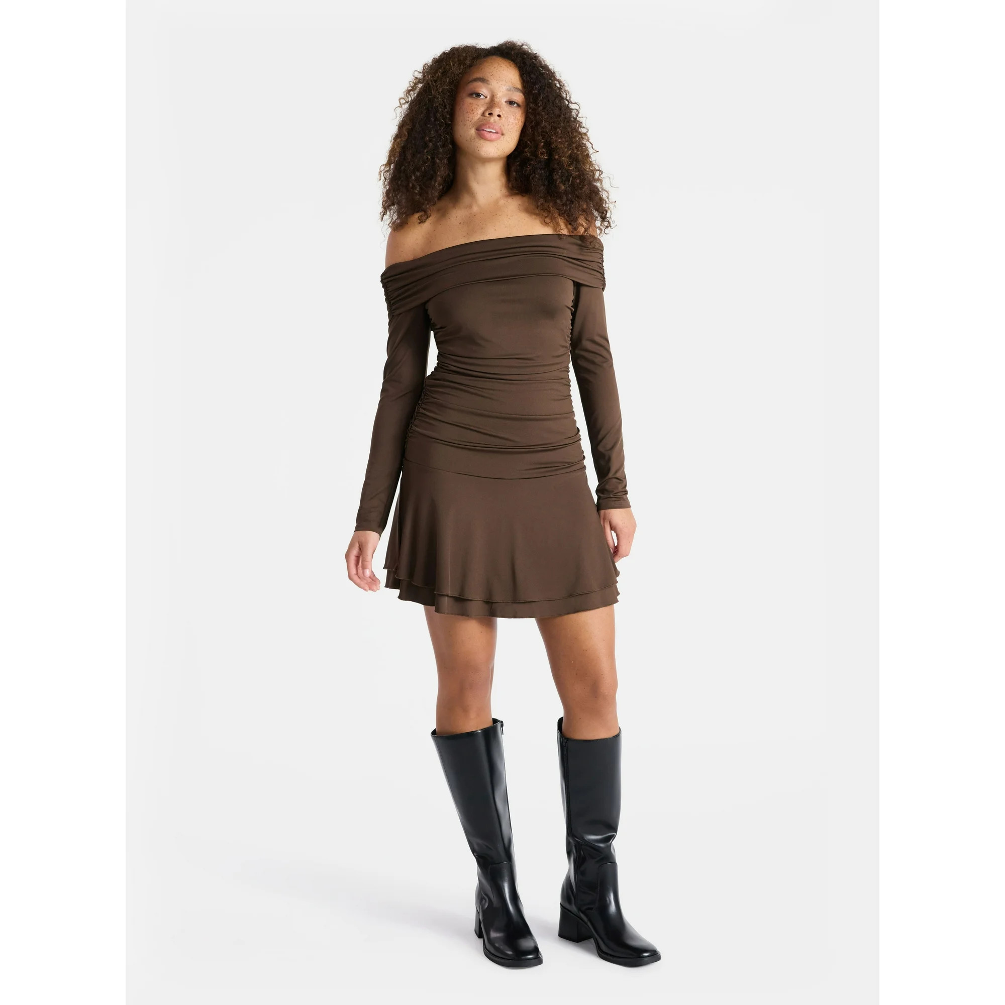 No Boundaries Off-The-Shoulder Long Sleeve Mini Dress, Women's | Walmart (US)