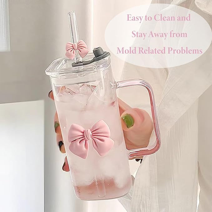 Dvehdbay Coquette Bow Aesthetic Cup - Pink Bow Glass Cup, Cute Glass Cups with Lids and Straws, 1... | Amazon (US)