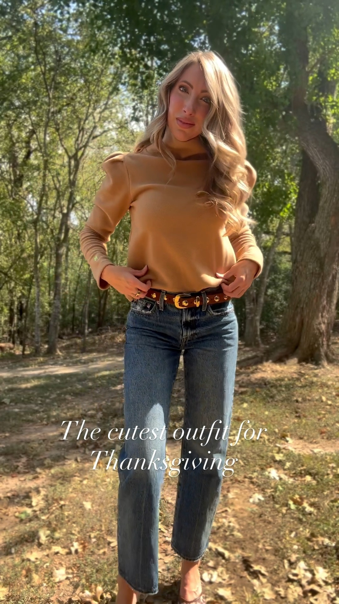 The cutest outfit for thanksgiving! These jeans run tts, wearing size 26. They go with almost any shoe! And this top is the coziest! Made of fleece but the neckline gives it an elevated look that I love! They are sold out of the puffed sleeves but I linked one similar. Amazon belt, fall outfit, thanksgiving outfit, Amazon mesh heels, Amazon mules, camel sweater, classic style, jeans, barrel jeans, pumpkin patch. Glassalwaysfull 

#LTKSeasonal #LTKPetite #LTKOver40