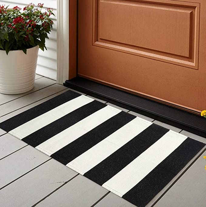 Collive Black and White Outdoor Rug Doormat 24’’ x 35’’, Cotton Woven Porch Rug Outdoor I... | Amazon (US)