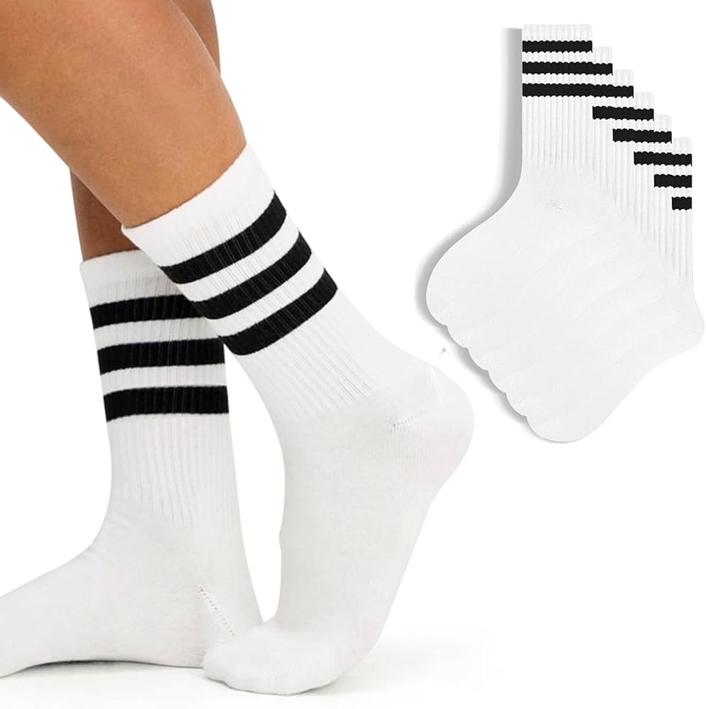 4 PAIRS Striped Crew Socks For Women Casual Cotton Novelty Retro Athltic Socks Unisex MultiColor | Amazon (US)