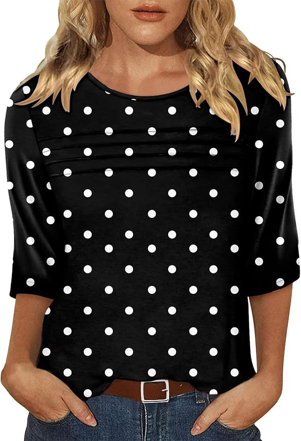 KISSMODA Women's Casual 3/4 Sleeve T-Shirts Round Neck Cute Tunic Tops Basic/Pleated Summer Tops ... | Amazon (US)