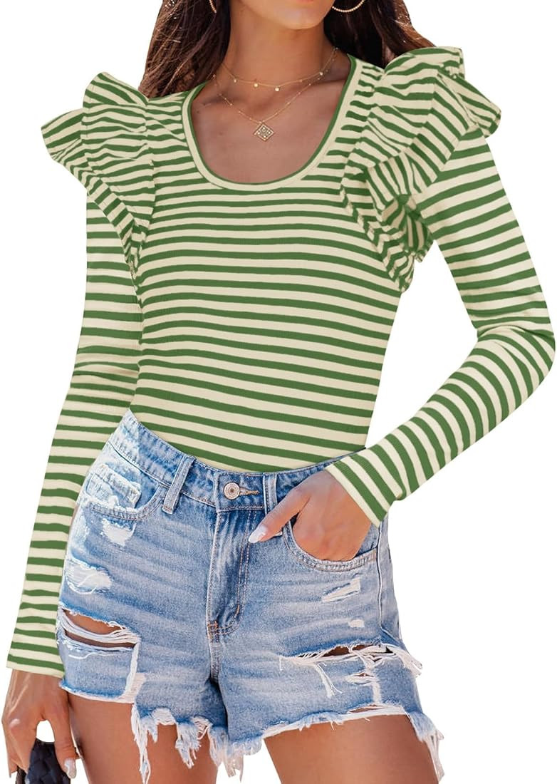ZESICA Womens Ruffle Long Sleeve Scoop Neck Shirt Striped Slim Fitted Casual Basic Tee Tops Trend... | Amazon (US)