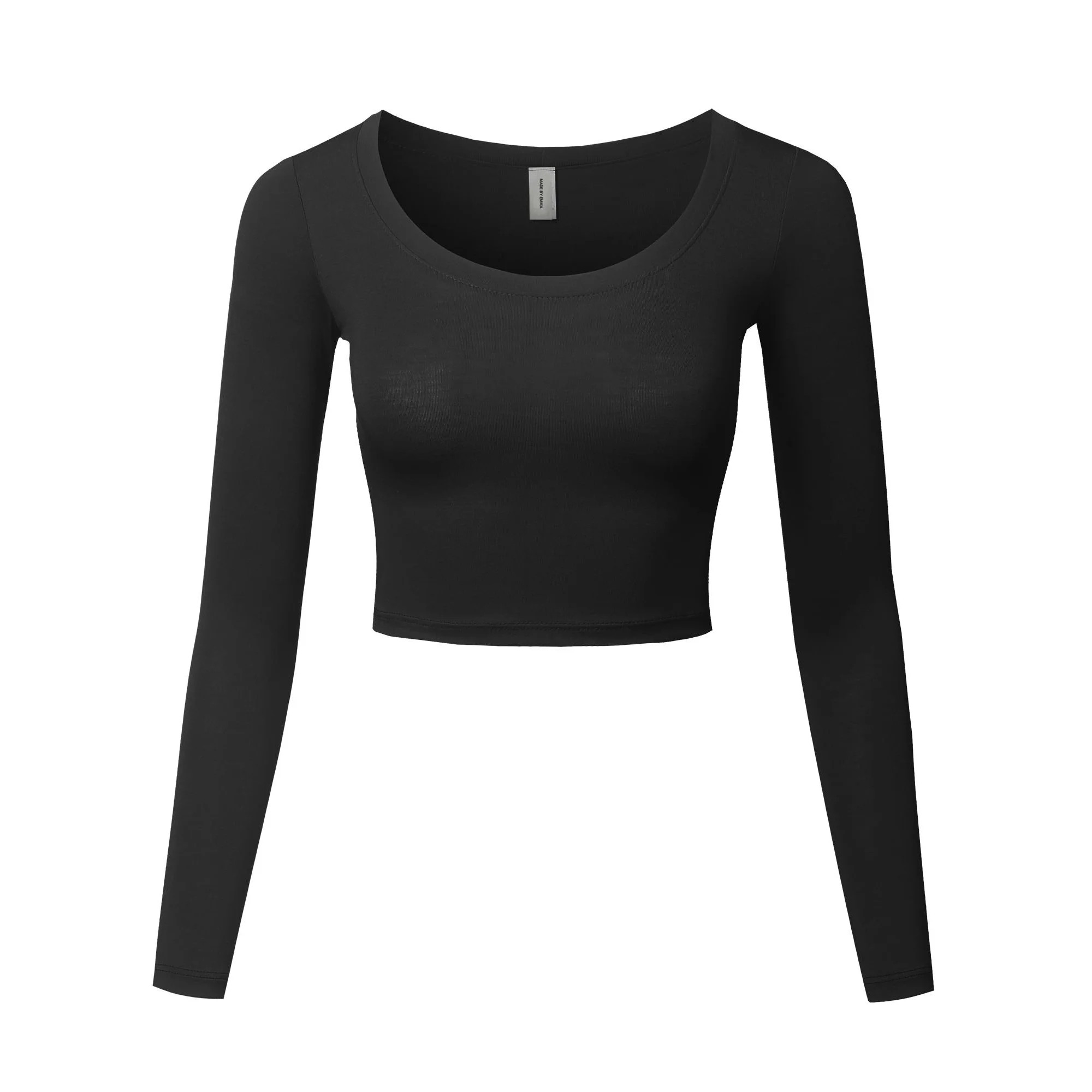 FashionOutfit Women's Made in USA Basic Casual Solid Stretchable Scoop Neck Long Sleeve Crop Top | Walmart (US)