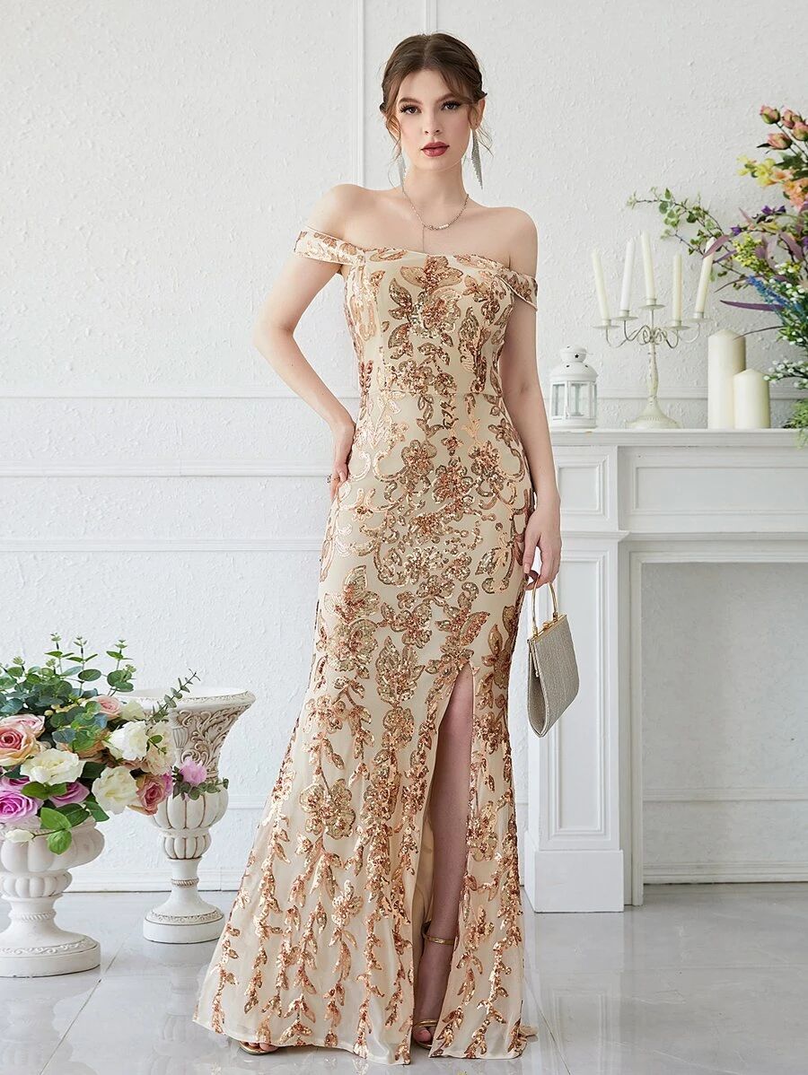 Off Shoulder Split Floral Sequin Prom Dress | SHEIN