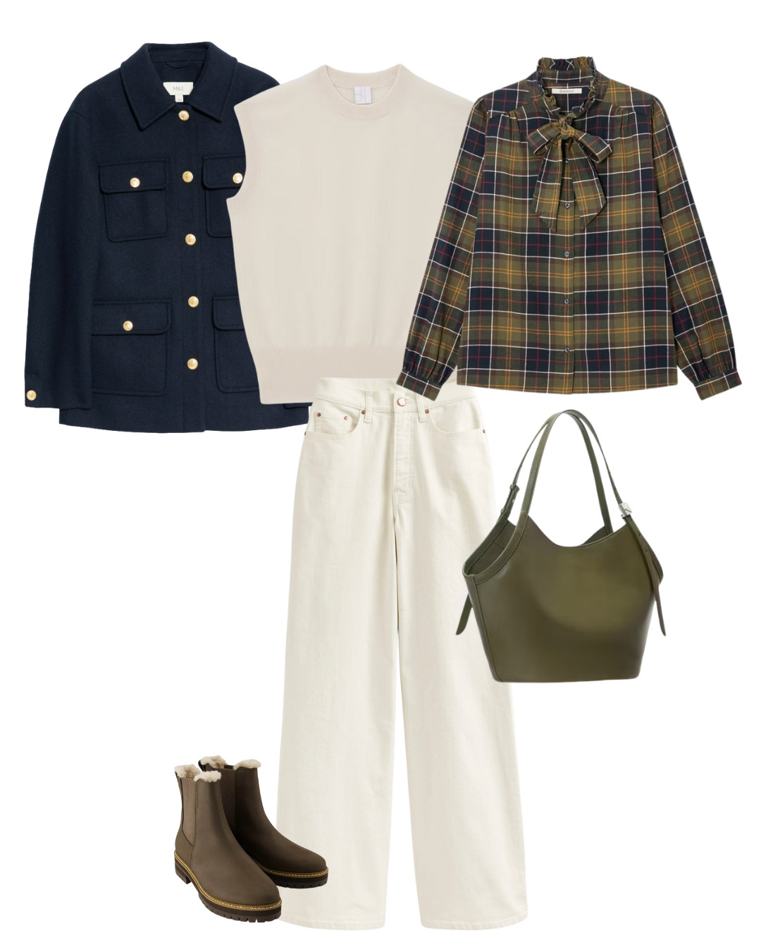 Autumn country style with plaid blouse, cream wide leg jeans and navy wool utility jacket. Add cosy waterproof fur lined boots for comfort and practicality 

 #LTKautumn #LTKover50style #LTKstyletip