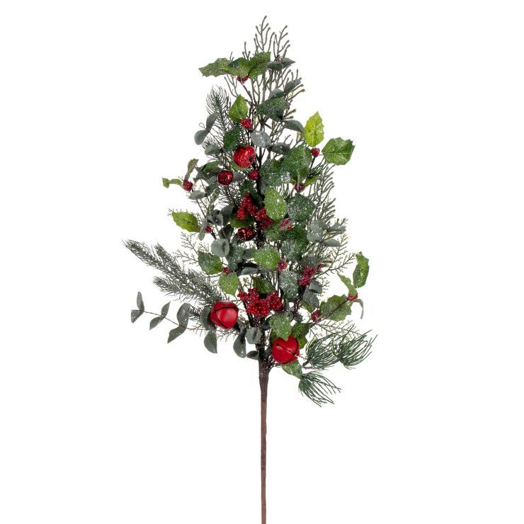 Vickerman 29" Green Artificial Holly Pine and Red Jingle Bell Spray. | Target