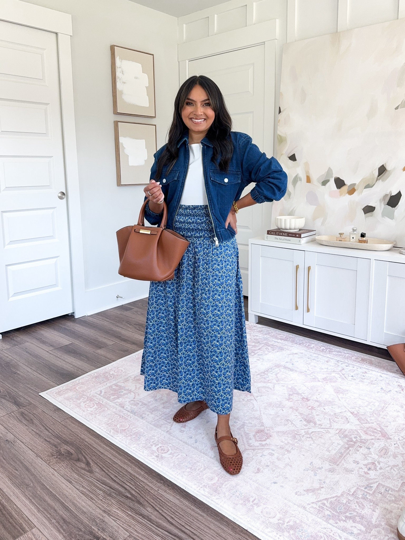 Cropped denim jacket size xs petite TTS
White tank size xs TTS
Floral midi skirt size xs regular - I like the length of the regular size better than petite 
Brown flats - old, similar linked


#LTKPetite #LTKStyleTip #LTKWorkwear