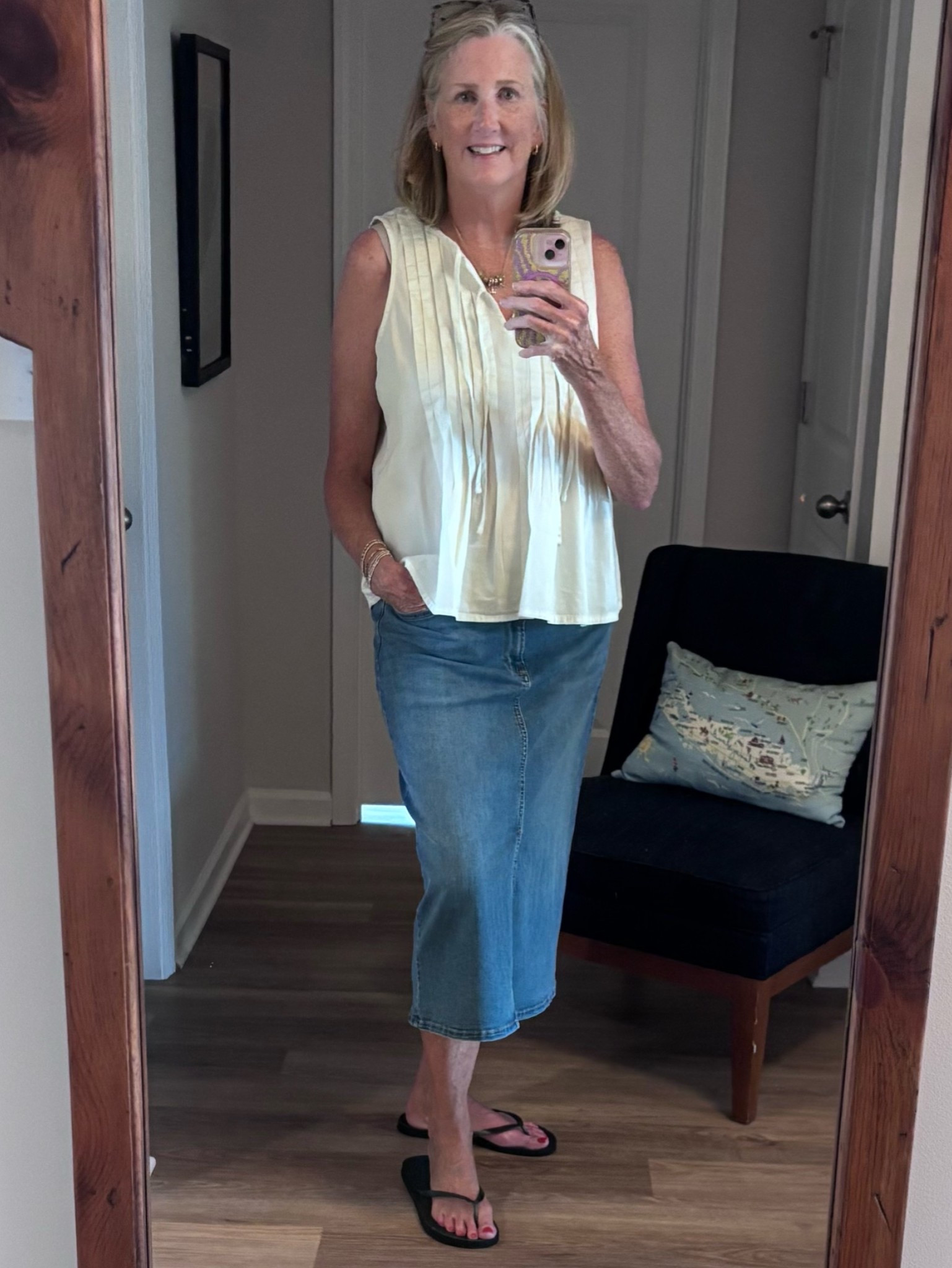 Try swapping your jeans for a jean skirt! I went up 2 sizes so I could pull it down to wear on my hips.

#LTKootd #LTKOver40 #LTKTall