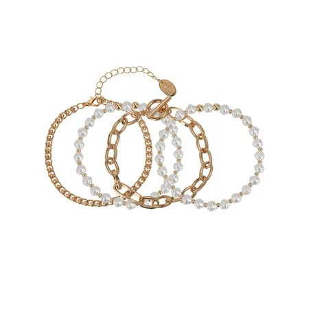 Time and Tru Adult Women's Gold Tone and Faux Pearl Bracelet Set, 4 Piece | Walmart (US)